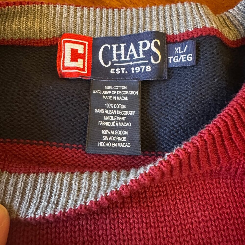 Chaps RL Mens XL Burgundy & Navy Crewneck Striped Sweater Cotton Preppy - Picture 8 of 9